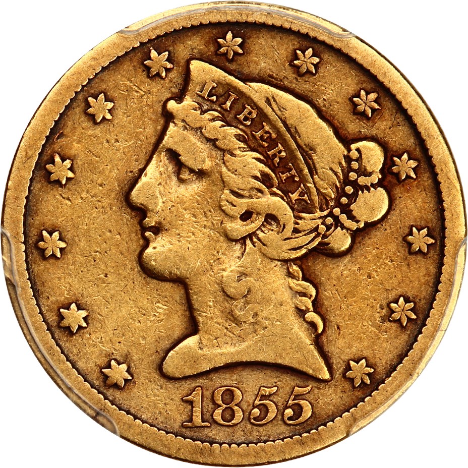 image for: 1855-S $5 PCGS/CAC VF20