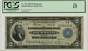 image for: FR. 761 1918 $2 Federal Reserve Bank Note Richmond PCGS Fine 15