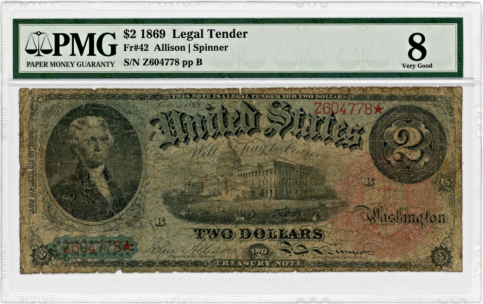 image for: FR. 42 1869 $2 Legal Tender PMG Very Good 8