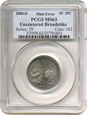 image for: 2000-D 25c South Carolina PCGS MS63 - Uncentered Broadstrike