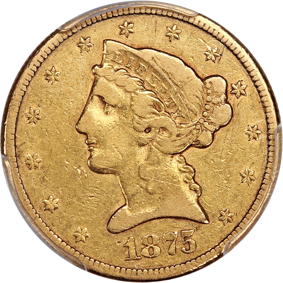 image for: 1875-CC $5 PCGS VF25 ex: D.L. Hansen
