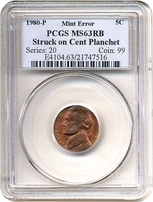 image for: 1980-P 5c PCGS MS63 - Struck on Cent Planchet