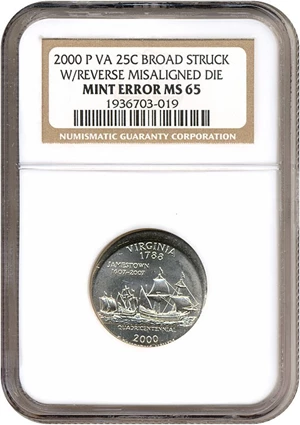 image for: 2000-P 25c Virginia Broadstruck w/Reverse Misaligned Die NGC MS65
