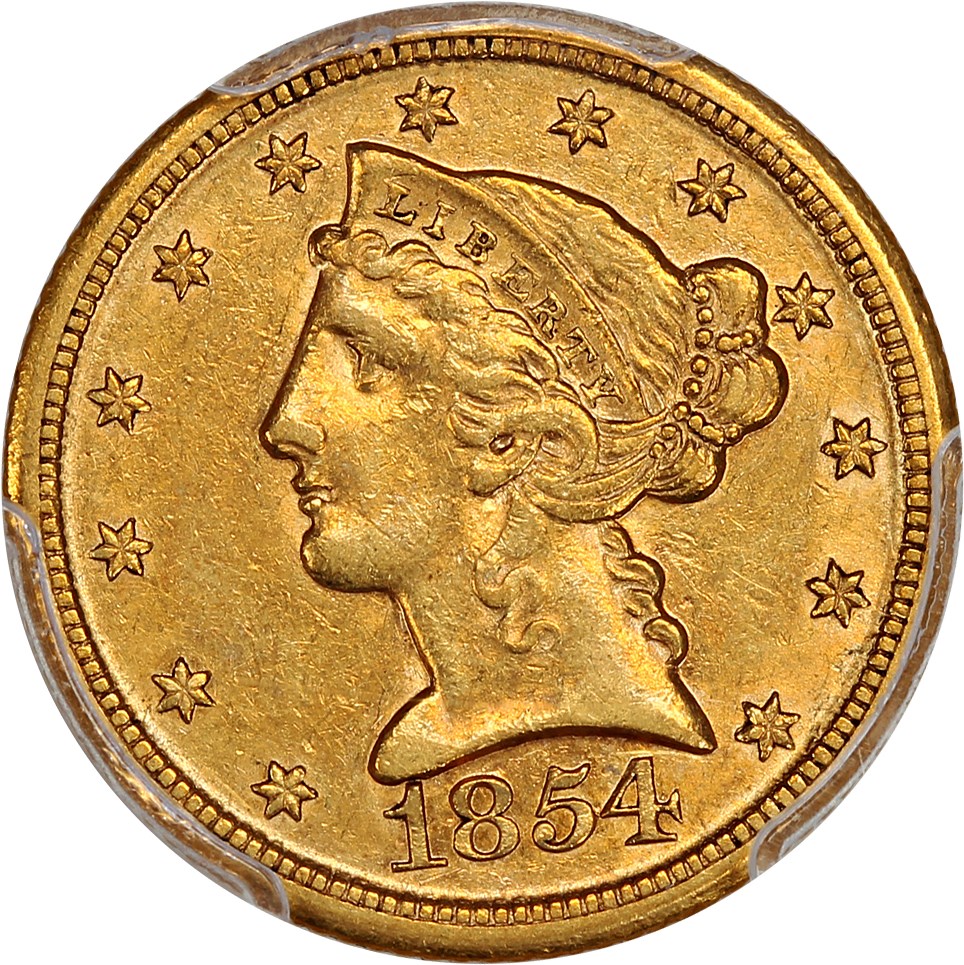 image for: 1854-D $5 PCGS/CAC AU55 (Large D) ex: D.L. Hansen