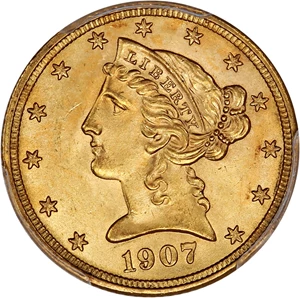 image for: 1907-D $5 PCGS/CAC MS65+ ex: D.L. Hansen