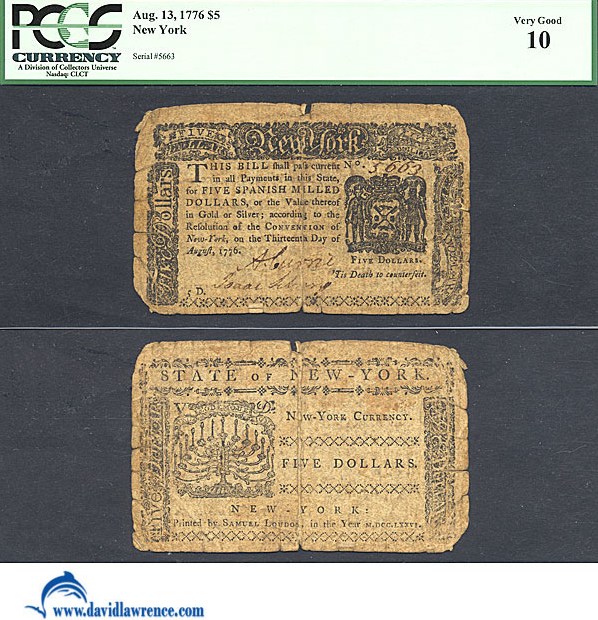 image for: New York: Fr.NY204 1776 $5 13-Aug PCGS VG10  [5663]