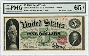 image for: FR. 63a 1863 $5 Legal Tender Seal Type 2 PMG Gem Unc 65 EPQ ex: Pogue