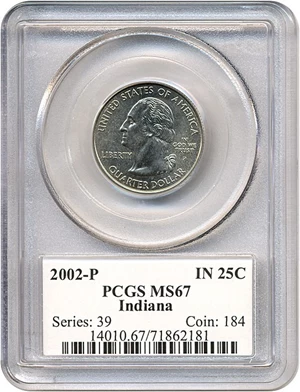 image for: 2002-P 25c Indiana PCGS MS67
