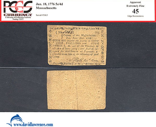 image for: Massachussetts: Fr.MA205 1776 5s/4d 18-Jun PCGS Apparent XF45 (Edge restorations) [5063]