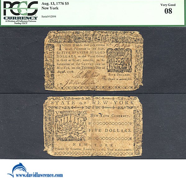 image for: New York: Fr.NY204 1776 $5 13-Aug PCGS VG8  [12094]