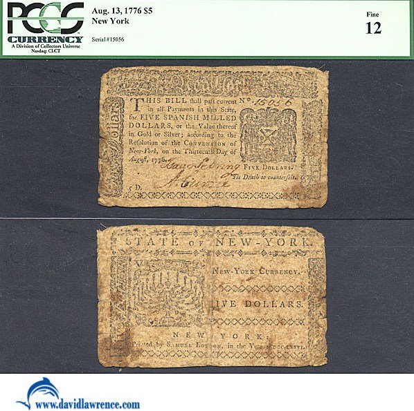 image for: New York: Fr.NY204 1776 $5 13-Aug PCGS F12  [15056]