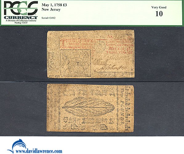 image for: New Jersey: Fr.NJ117 1758 £3 1-May PCGS VG10  [3492]