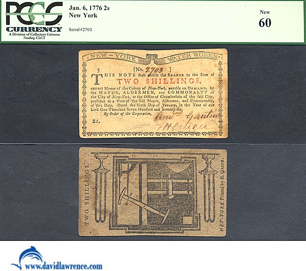image for: New York: Fr.NY182 1776 2s 6-Jan PCGS CU60  [2703]