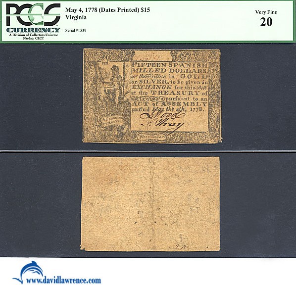 image for: Virginia: Fr.VA151a 1778 $15 4-May PCGS VF20  [1539]