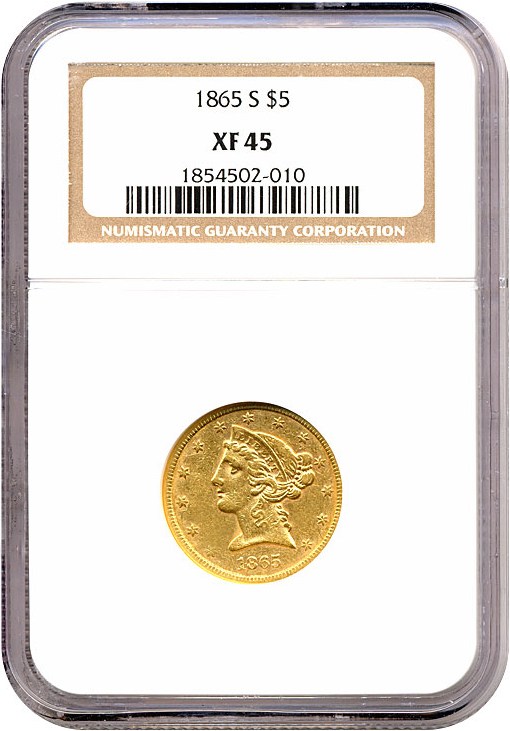 image for: 1865-S $5  NGC XF45 