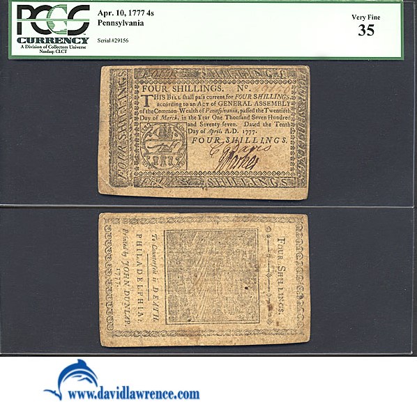 image for: Pennsylvania: Fr.PA217a 1777 4s 10-Apr PCGS VF35  [29156]