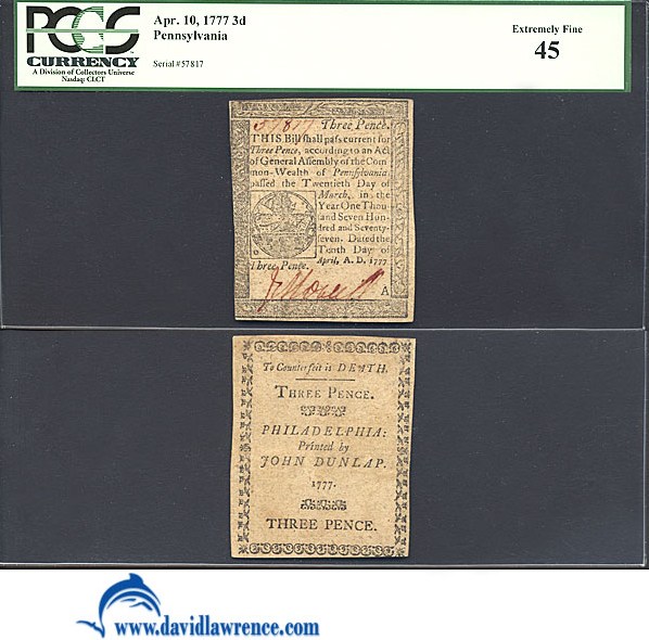 image for: Pennsylvania: Fr.PA216a 1777 3s 10-Apr PCGS XF45  [57817]