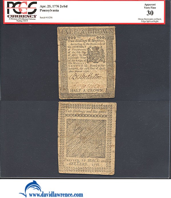image for: Pennsylvania: Fr.PA204 1776 2s/6d 25-Apr PCGS Apparent VF30 (Hinge Remnants, Edge Split) [11256]