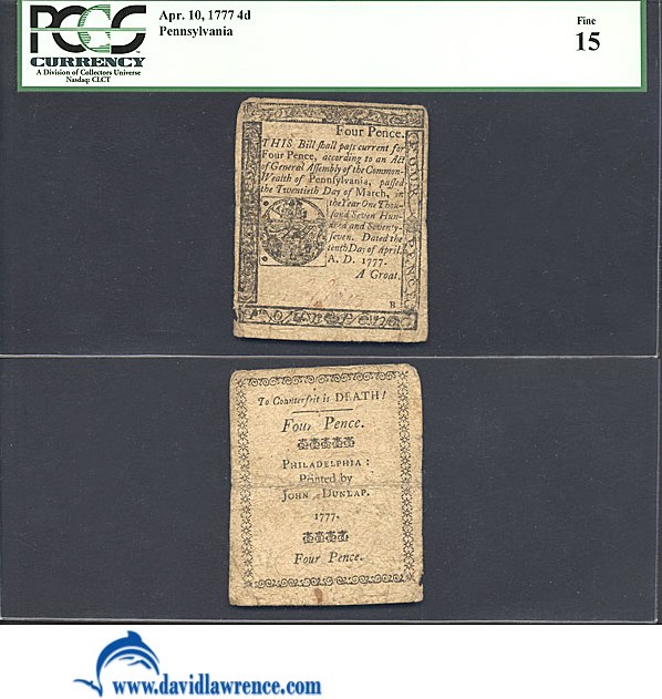 image for: Pennsylvania: Fr.PA217a 1777 4s 10-Apr PCGS F15  [80034122]