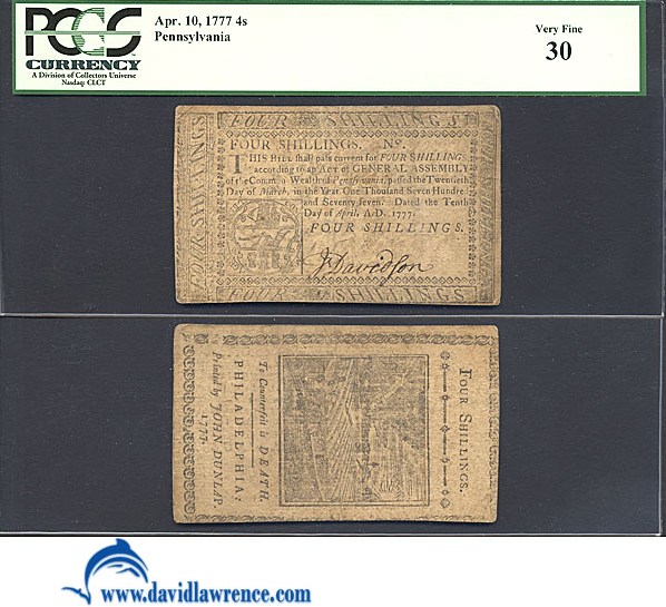 image for: Pennsylvania: Fr.PA217a 1777 4s 10-Apr PCGS VF30  [59003078]