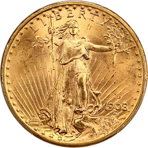 image for: 1908-D $20 PCGS MS65 (Motto)