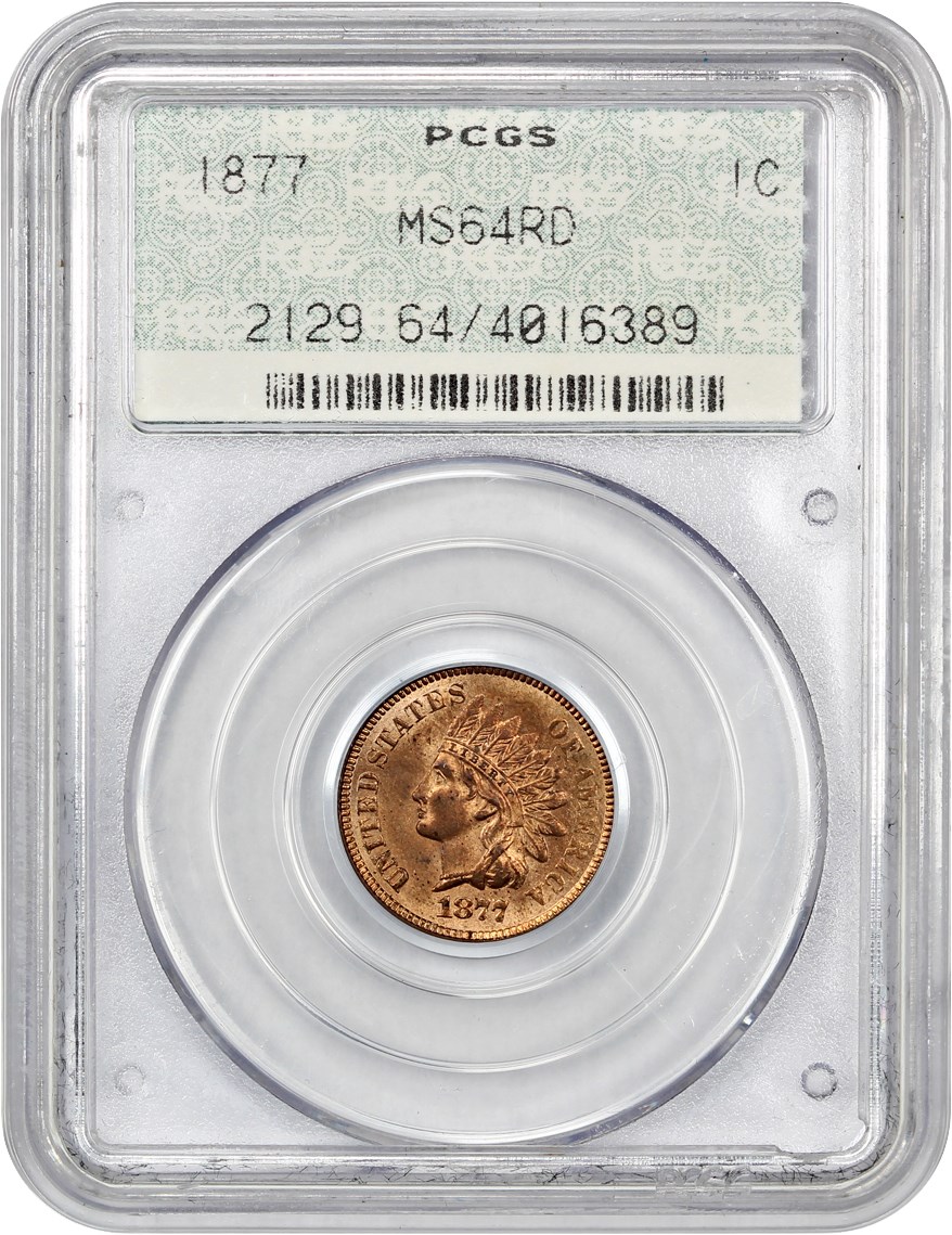 image for: 1877 1c PCGS MS64 RD (Scarce Doily Holder)