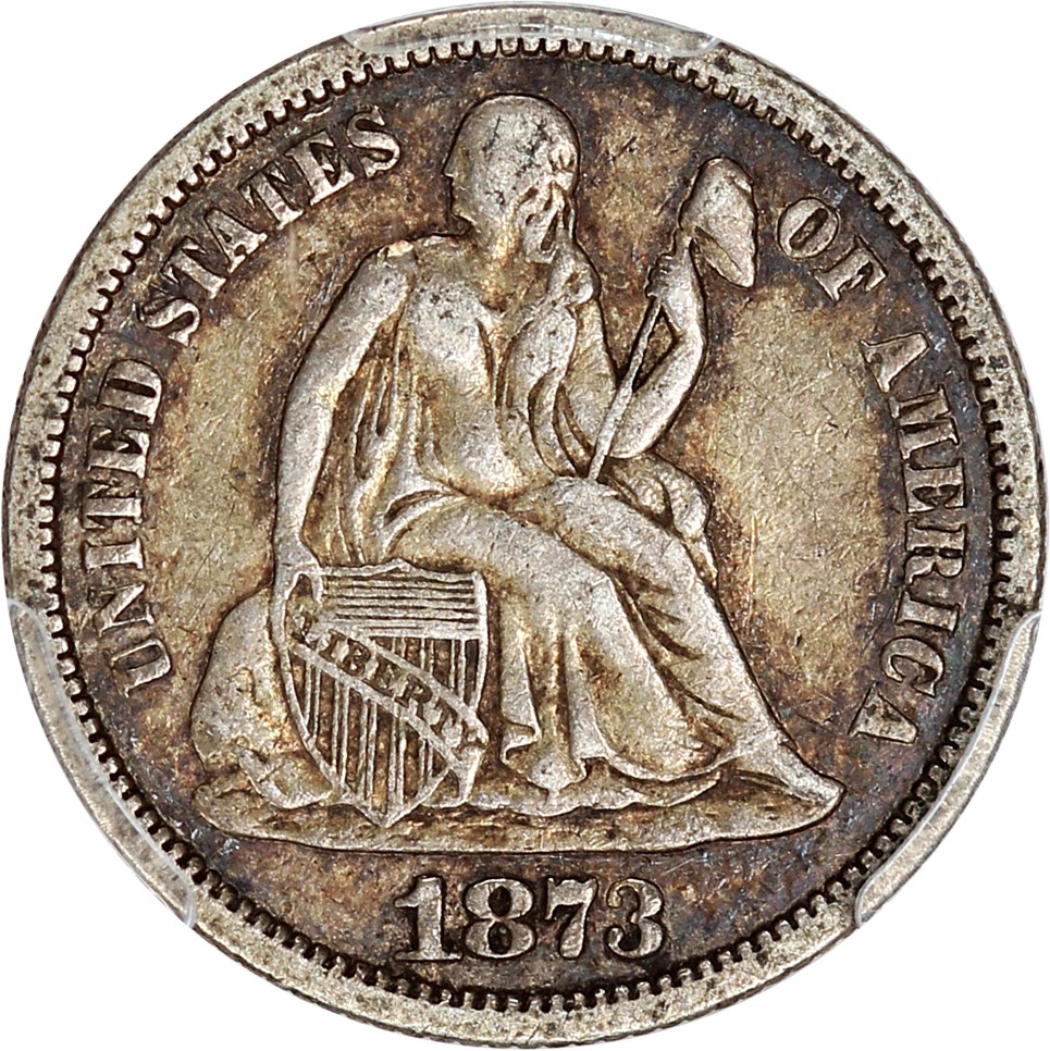 image for: 1873 10c PCGS/CAC VF30 (No Arrows, Open 3)
