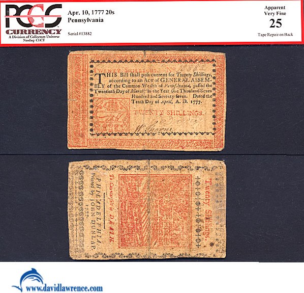 image for: Pennsylvania: Fr.PA222b 1777 20s 10-Apr PCGS Apparent VF25 (Tape Repair on Back) [13882]