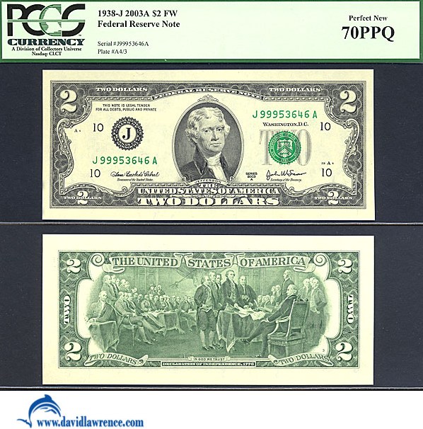 image for: Fr.1938J 2003 $2 Ft.Worth, TX PCGS Gem CU70 PPQ [J99953646A]