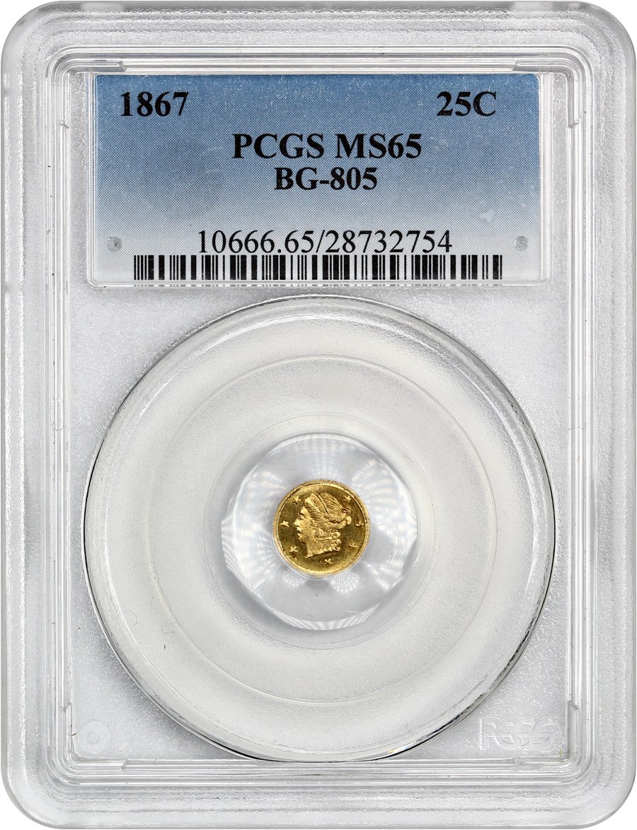 image for: 1867 Cal. Gold 25c PCGS MS65 (BG-805)