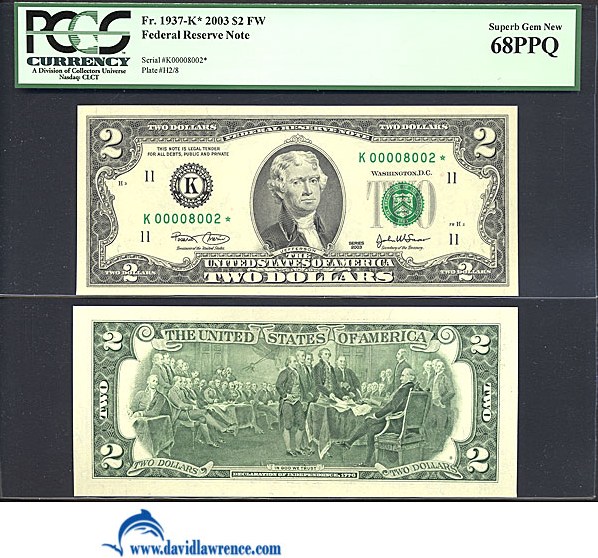 image for: Fr.1937K* 2003 $2  PCGS Gem CU68 PPQ [K00008002] *Star* 