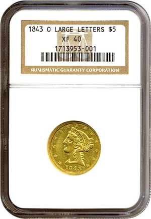 image for: 1843-O $5 Large Letters NGC XF40