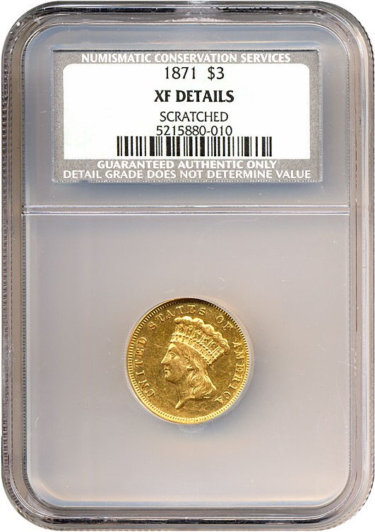image for: 1871 $3  NCS XF Details (Scratched)