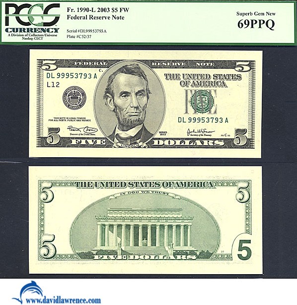 image for: Fr.1990L 2003 $5 Ft. Worth, TX PCGS Gem CU69 PPQ [DL99953793A]
