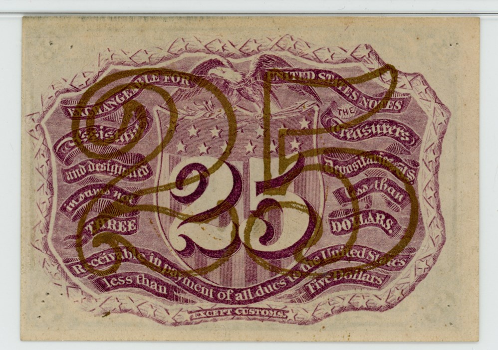 image for: FR. 1283 Head of George Washington in bronze oval frame. 25c Fractional Currency PMG Unc 62 (Pinholes)