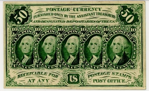 image for: FR. 1312 Fractional Currency Five Stamps Obverse 50c PMG AU58 (Pinholes)