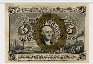 image for: FR. 1234 Head of George Washington in bronze oval frame. 5c Fractional Currency PMG Unc 62 (Stain)