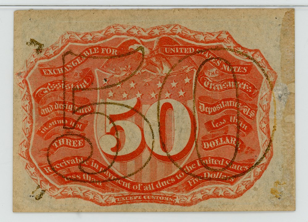 image for: FR. 1317 Head of George Washington in bronze oval frame. 50c Fractional Currency PMG Unc 62 (Previously Mounted)