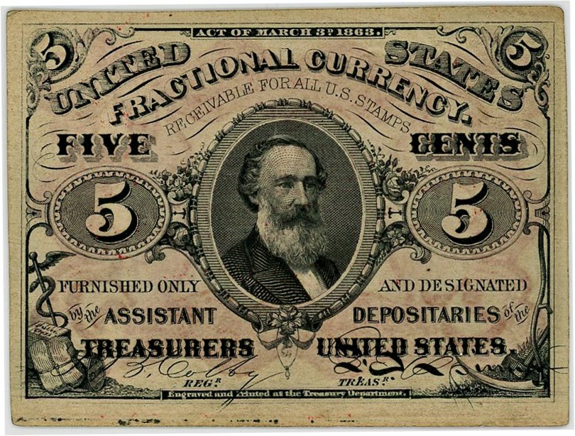 image for: FR. 1236  Head of Spencer Clark 5c Fractional Currency PMG Gem Unc 65 EPQ