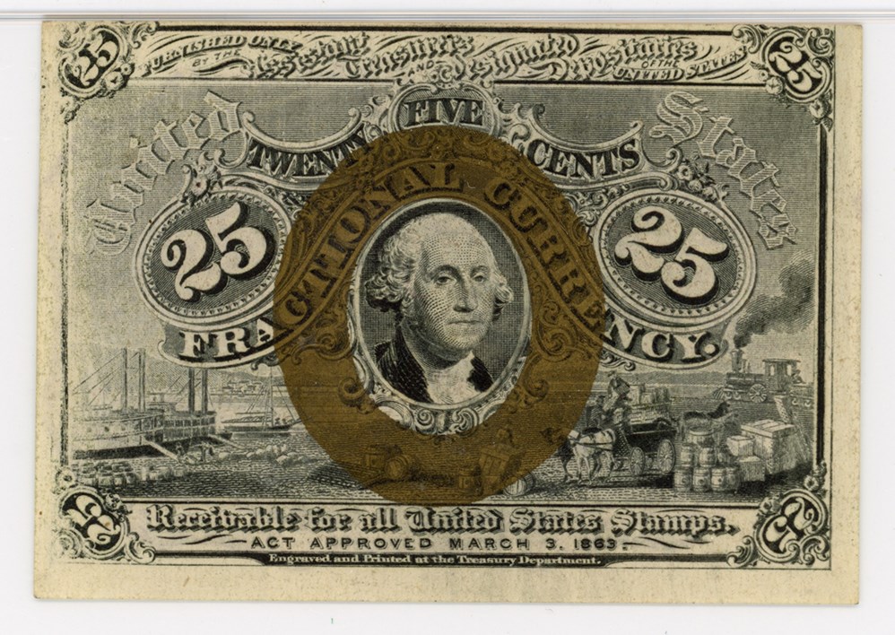 image for: FR. 1283 Head of George Washington in bronze oval frame. 25c PMG Choice Unc 63 (EPQ)