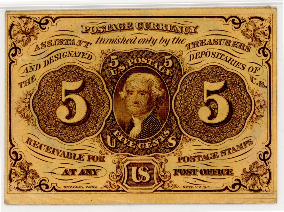 image for: FR. 1230 Fractional Currency Jefferson Postage Stamp Obverse 5c PMG AU55