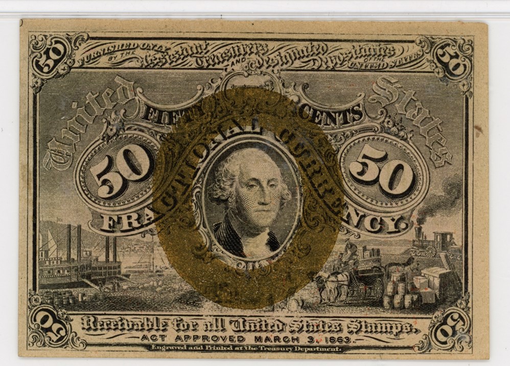 image for: FR. 1317 Head of George Washington in bronze oval frame. 50c Fractional Currency PMG Unc 62 (Previously Mounted)