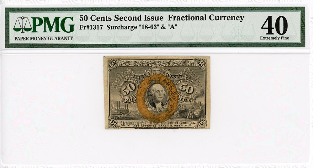 image for: FR. 1317 Head of George Washington in bronze oval frame. 50c Fractional Currency PMG Choice Extremely Fine 40 (Discoloration)