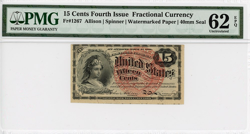 image for: FR. 1267  Bust of Columbia 15c Fractional Currency PMG Unc 62 (EPQ)