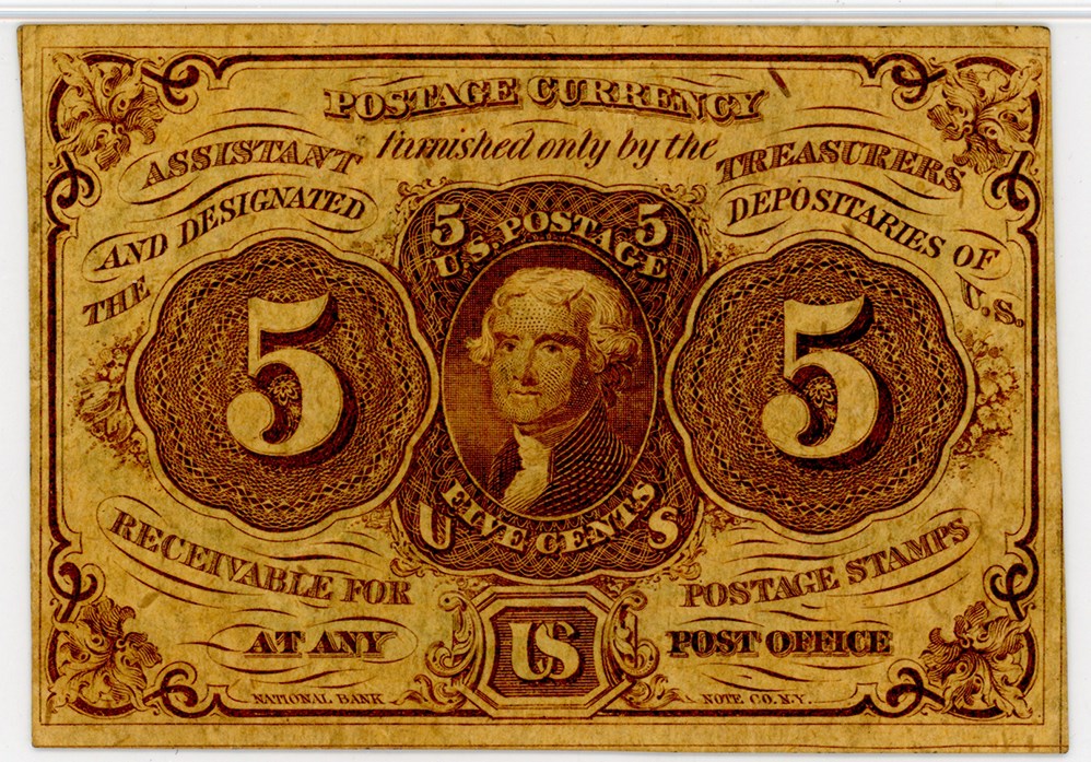image for: FR. 1230 Fractional Currency Jefferson Postage Stamp Obverse 5c  PMG AU50 (Exceptional Paper Quality)