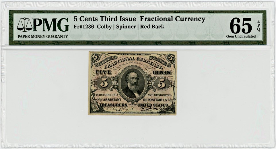 image for: FR. 1236 Head of Spencer Clark 5c Fractional Currency PMG Gem Unc 65 EPQ