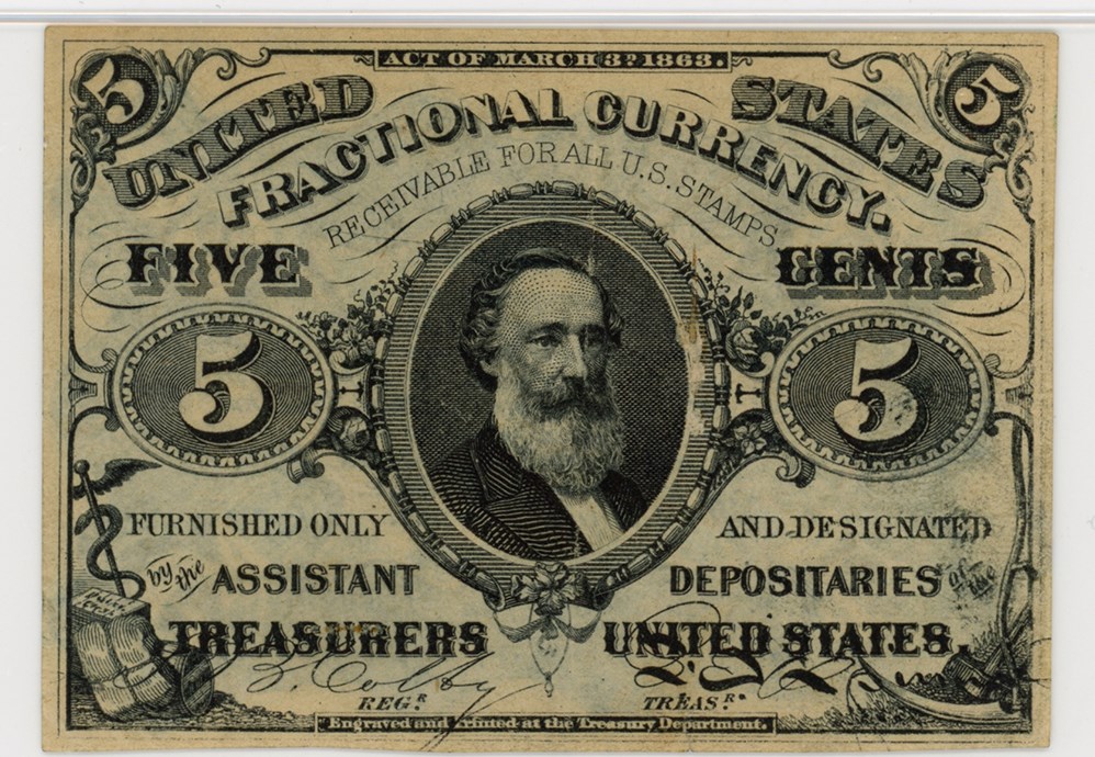 image for: FR. 1238  Head of Spencer Clark 5c Fractional Currency PMG AU55 