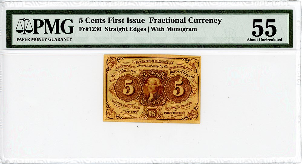 image for: FR. 1230 Fractional Currency Jefferson Postage Stamp Obverse 5c PMG AU55 (Previously Mounted)