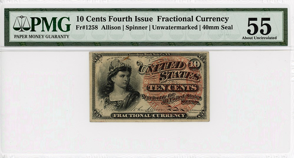image for: FR. 1258  Bust of Liberty 10c Fractional Currency PMG AU55 