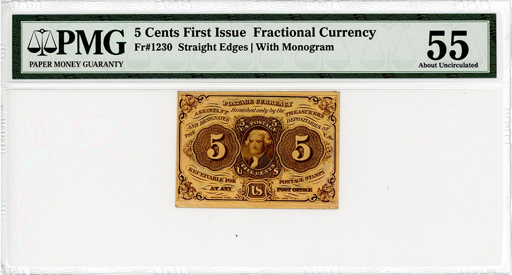image for: FR. 1230 Fractional Currency Jefferson Postage Stamp Obverse 5c PMG AU55